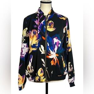 Susan Graver Floral Print Full Zip Bomber Jacket Gold tone zipper pockets Small